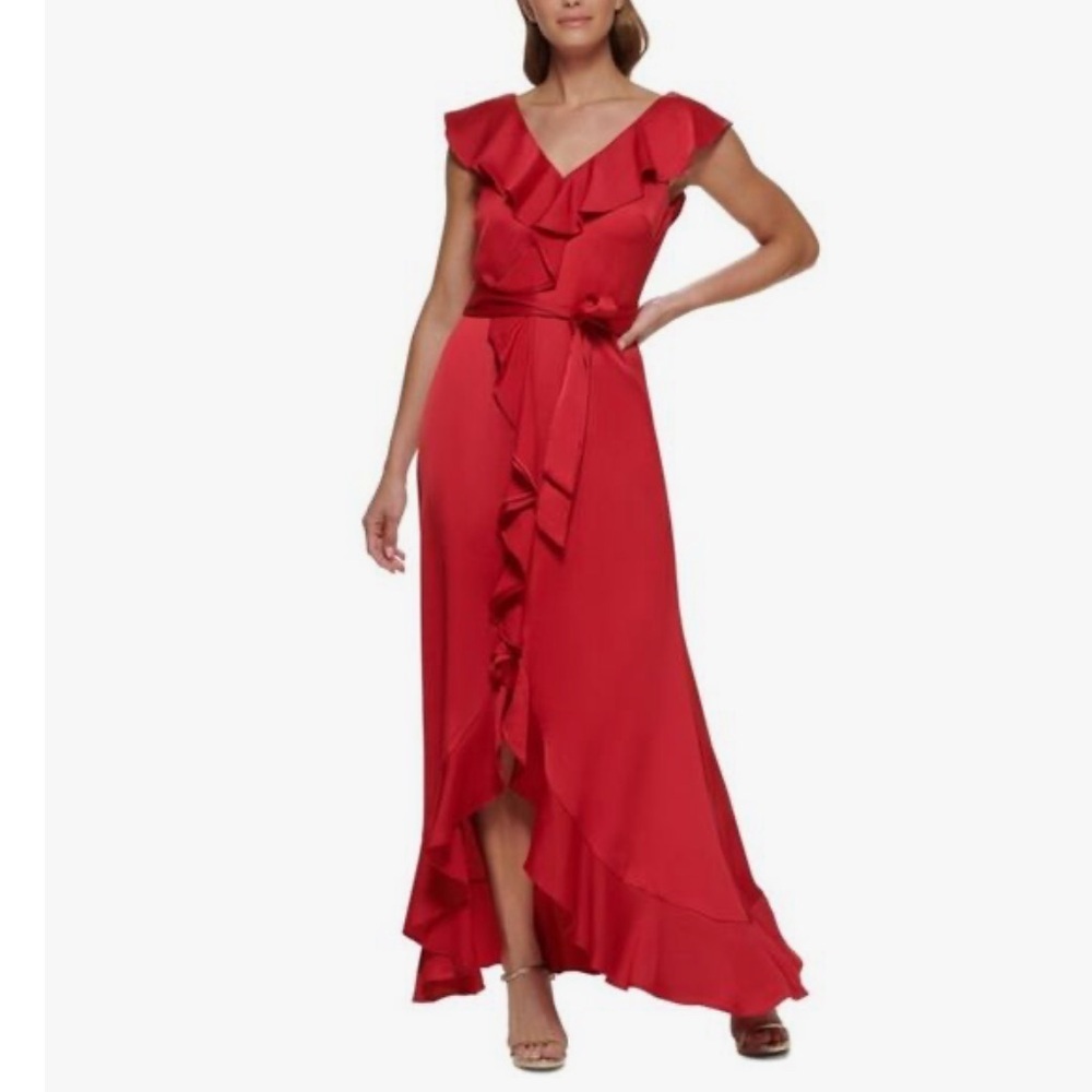 DKNY Red Ruffle Dress long